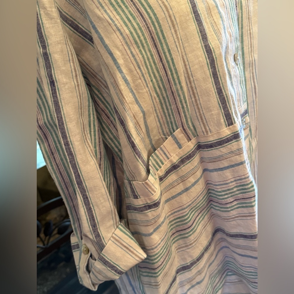 Habitat Asymmetrical Striped Artsy Lagenlook Button Up Blouse Linen Blend Large - Picture 2 of 7